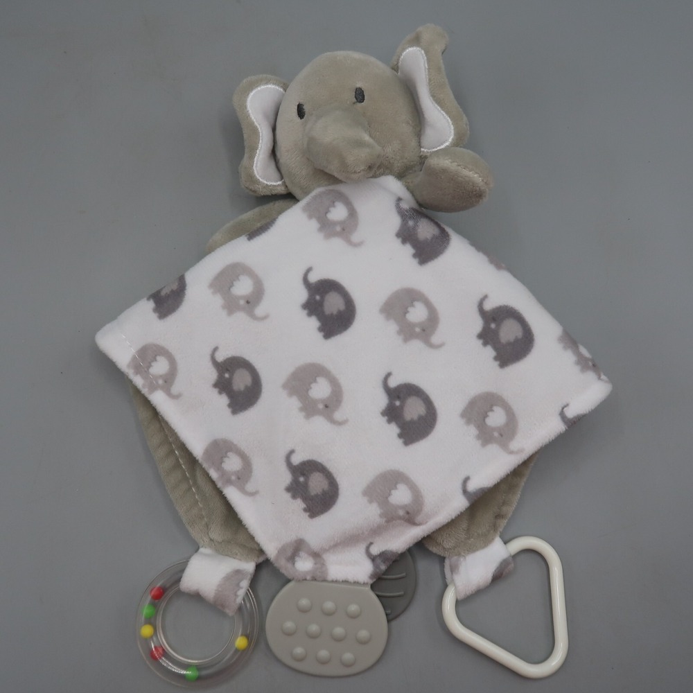 Modern‎ Baby Elephant Gray Floral Plush Security Blanket Lovey Teether Rattle